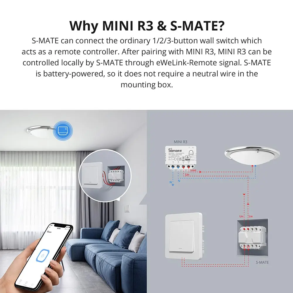 SONOFF MINI R3 16A Smart Switch REST API Решение без нейтральной линии с S-MATE eWeLink-Remote Control через eWeLink