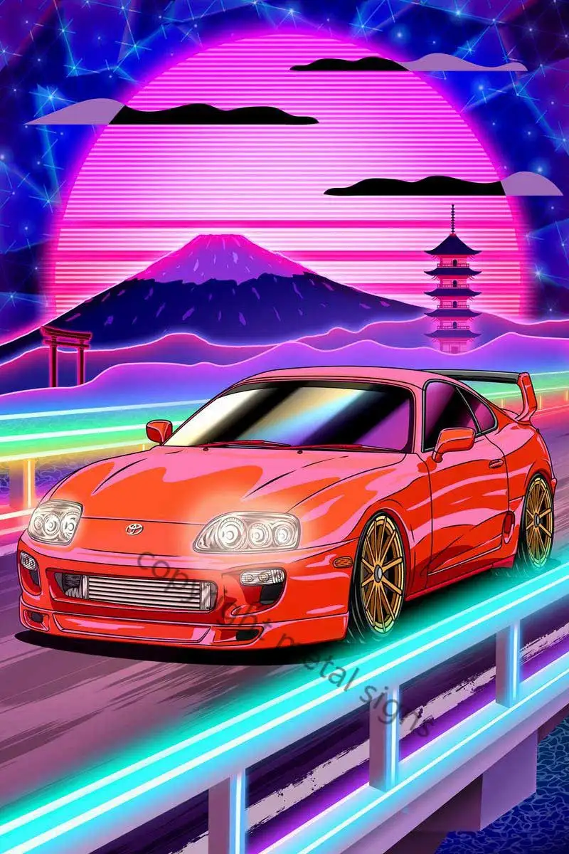 

Synthwave Supra Mk4 настенный Декор для комнаты Ретро винтажная металлическая вывеска жестяная вывеска неоновая вывеска для кафе паба дома клуба му...
