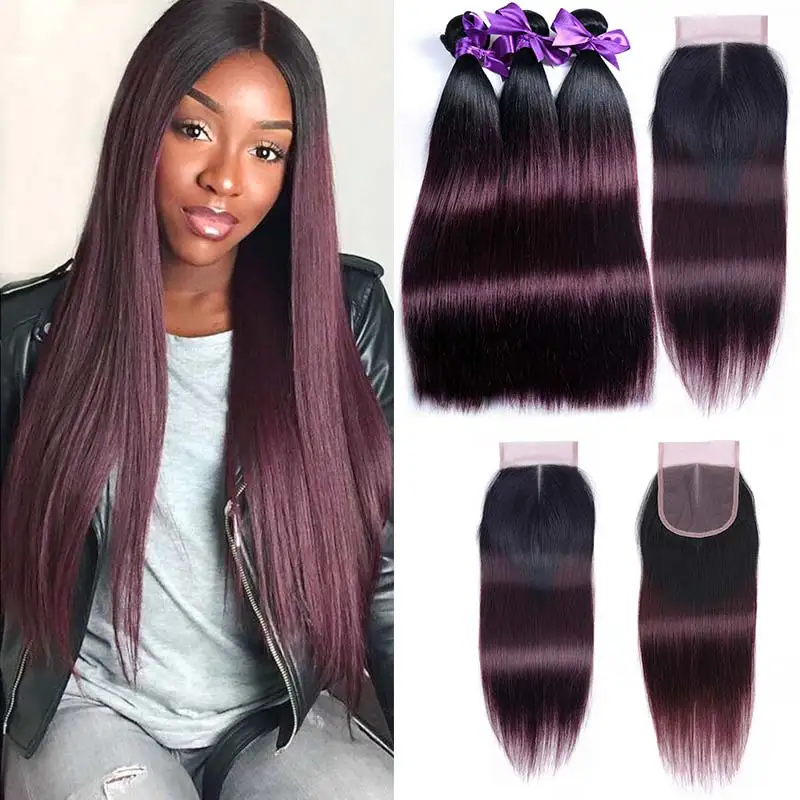 

Ombre 3 Bundles With Closure Purple 99J 1B Burgundy 3 Bundles With Closure Peruvian Straight Human Hair Weave Pinshair Remy Hair
