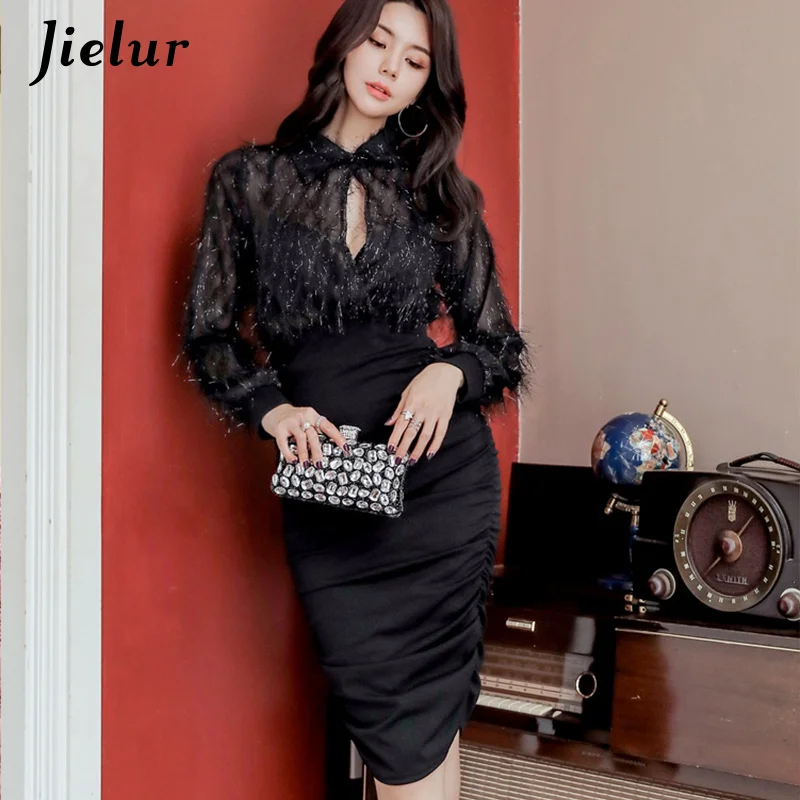 

Jielur Black Dress Women Autumn Winter New Chic Skinny Robe Femme Slim Mesh Long Sleeve Elegant Sexy Hollow Out Dresses S-XL