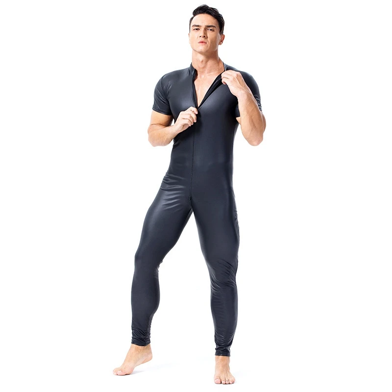 

Men Wetlook Jumpsuit Faux Leather Catsuit Double Zipper Open Crotch PVC Bodysuit Gay Lingerie Fetish Wear Sexy Costume