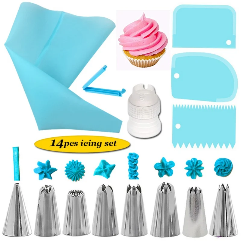 

14PCS DIY Cake Decorating Kit Supplies With 8 Stainless Steel Piping Nozzle Tips Pastry Bag And Clips Smoother Spatulas Couplers