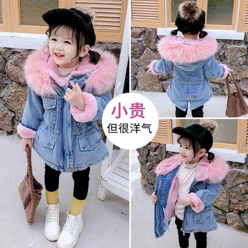 Winter Baby Girls Clothes 1-6Y Little Kids Nature Fur Denim Fleece Lining Hooded Toddler Outwear Children Thicken Warm Jacket | Детская