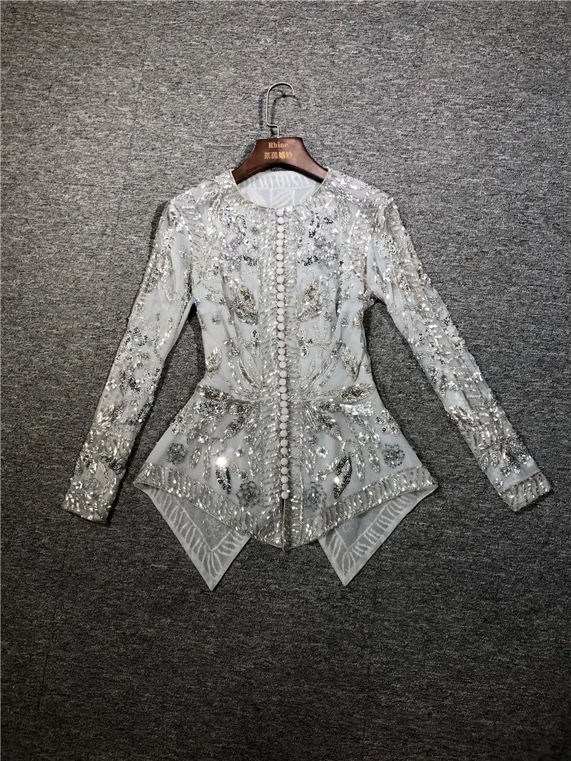 

Новейшее модное пальто, роскошное изготовленное на заказ Серебряное платье с тяжелыми бусинами, длинными рукавами и круглым вырезом, на мол...