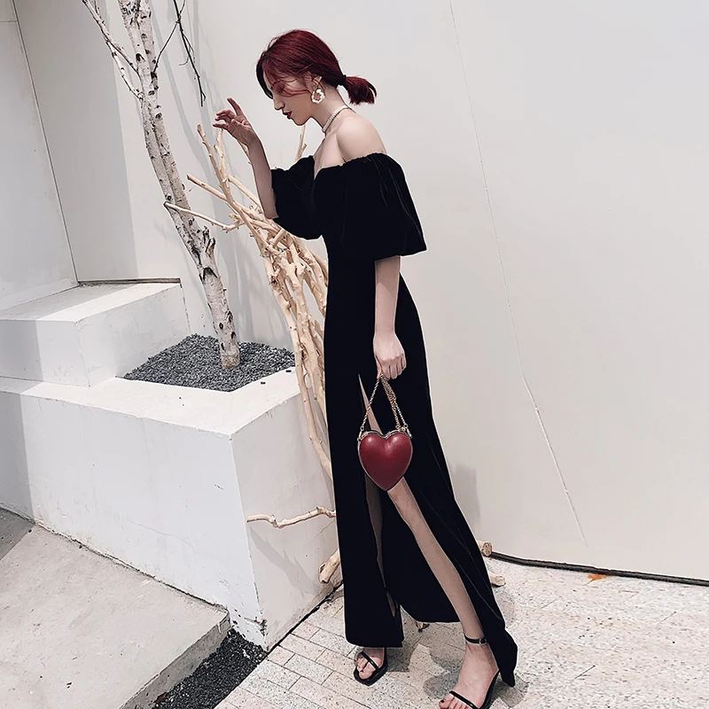 

Evening Dresses Velour Black Straight Floor-length Boat Neck Short Sleeves Plus size Zipper Back Customized Formal Dress A015