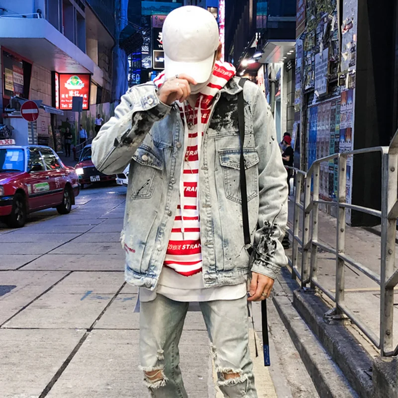 

Bonita Vida Graffiti Denim Jackets Streetwear Men Hip Hop Casual Patchwork Ripped Distressed Punk Rock Jeans Coats Outwear