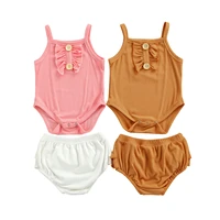 0 24 months summer baby solid color clothes set baby girls sleeveless square collar knitted rompers short pants with ruffles
