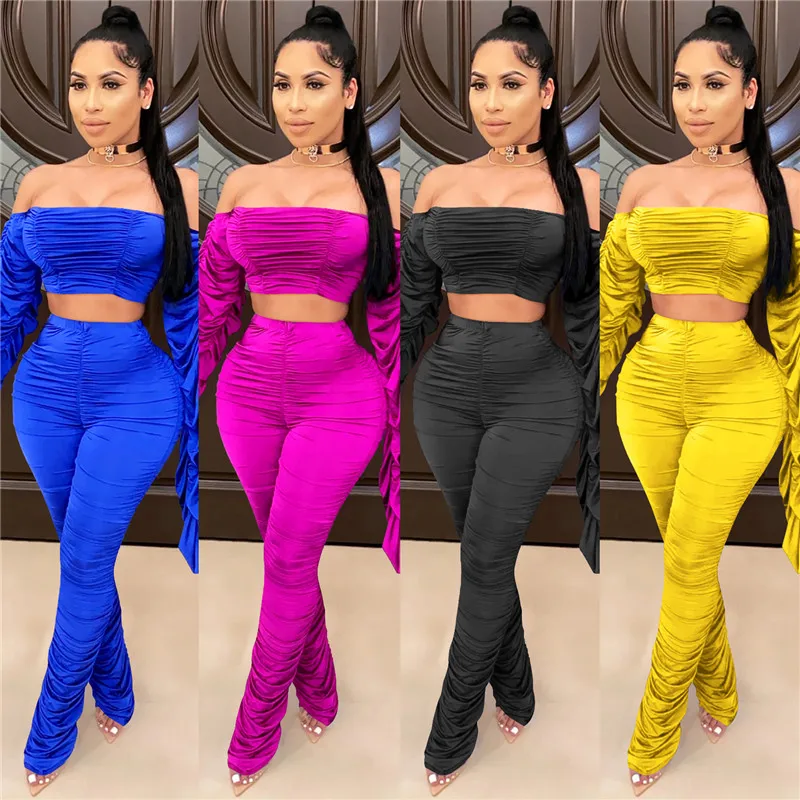 

Autumn Women Two Pieces Set Strapless Slash Neck Long Flare Sleeve T-Shirt Top High Waist Flare Pants Stacked Pleated Trousers