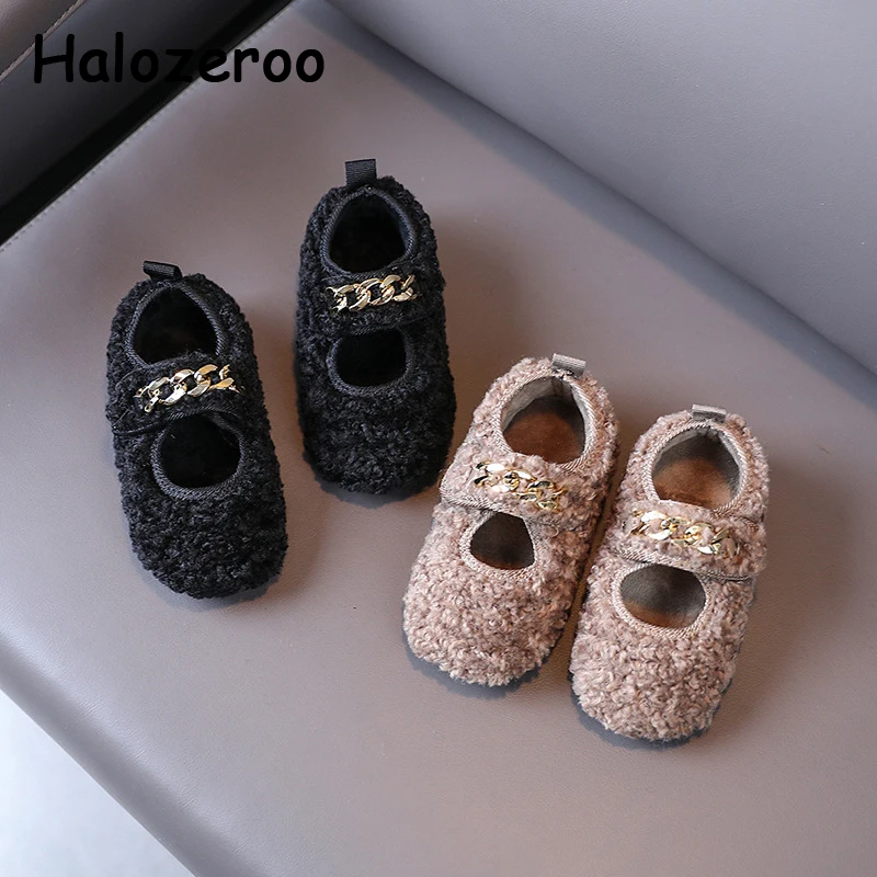 

Детские зимние туфли с цепочкой и мехом, на плоской подошве