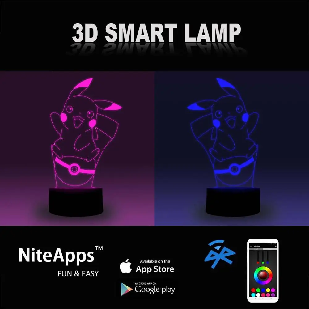 NiteApps 3D Покемон Пикачу ночник настольная иллюзия Лампа подарок на день рождения приложение/сенсорный контроль