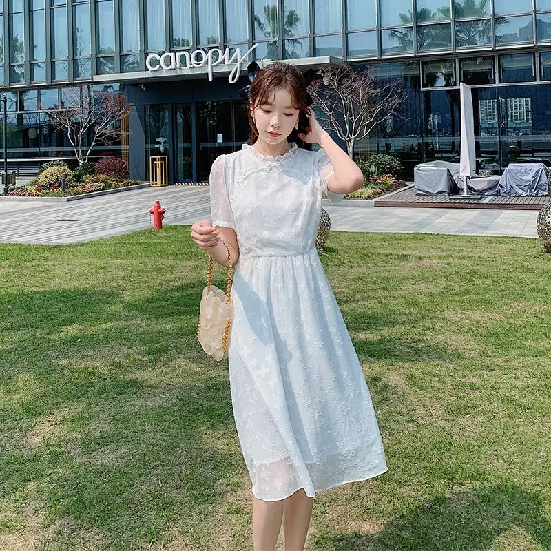 

White Flowers Chiffon Dress Summer Retro Cheongsam Improve High Waist Slim Elegant Celebrity Party Short Sleeve Dress Women