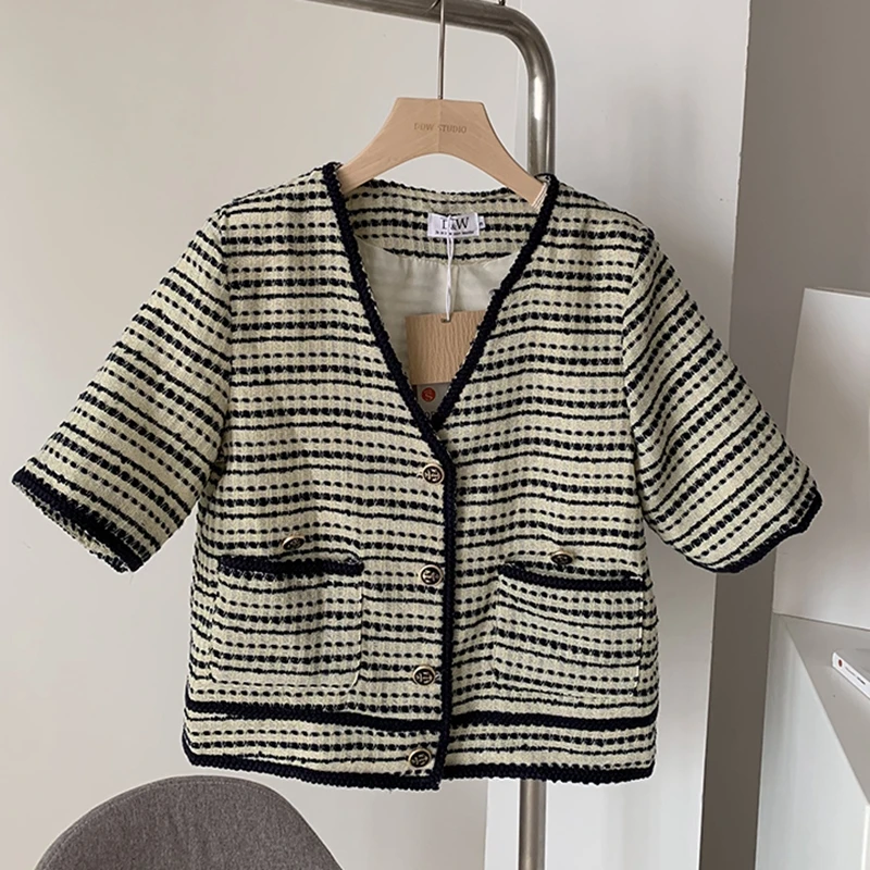 

2021 Summer Streetwear Women Vintage Tweed Short Coat Ladies Crop Top Casual Woolen Jacket Coat Female Single-Breasted Outwear