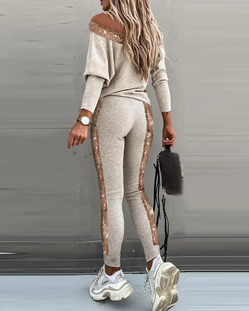 

Two Piece Set Women Fashion Sequins Long Sleeve V-Neck Top & High Waist Long Pants Casual Sets