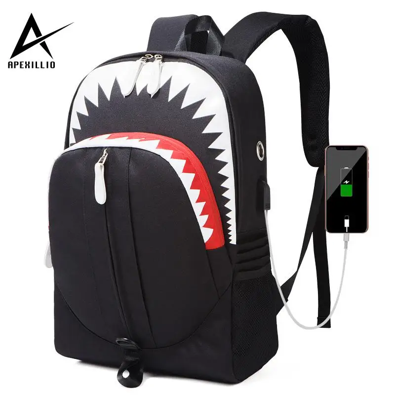 

Luminous backpack male big mouth shark USB function backpack student schoolbag personality trend