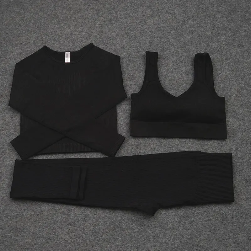 

Women's Sportswear Yoga Set Workout Clothes Athletic Wear Sports Gym Legging Seamless Fitness Bra Crop Top Long Sleeve Yoga Suit