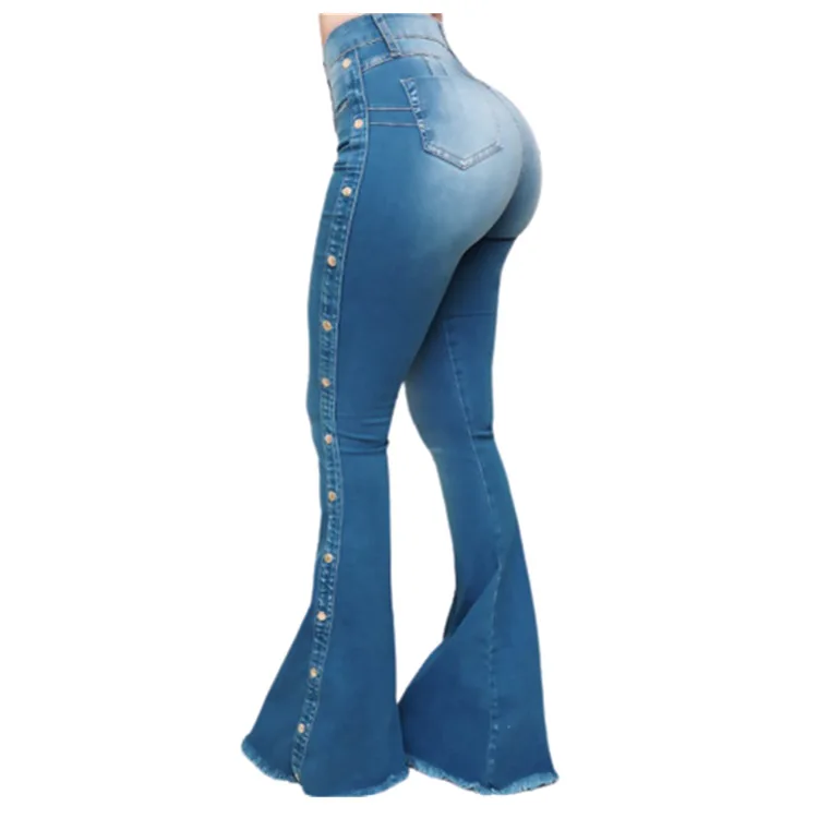 

WEPBEL Pocket Button Bleached Casual Pants Jeans Women's Slim Full Flare Length Trousers New High Waist Denim Trousers