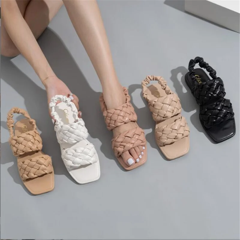 

summer Women sandals Fashion braiding flat sandals Woman Square head open toe outdoor slippers Beach flat sandals size 37-42