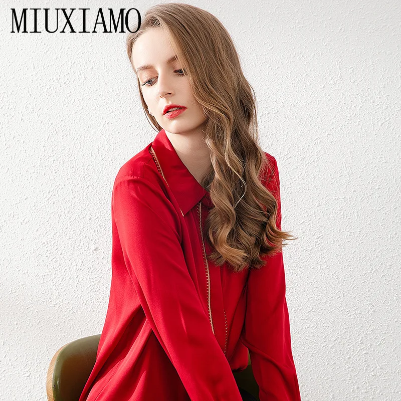 MIUXIMAO 2020 Summer 100% Silk Blouse Shirt Women's Elegant Solid Office Lady Long Sleeve Loose Tops Shirts Women Tops