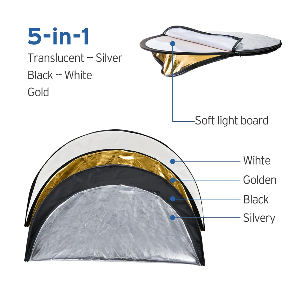 

5-in-1 Photography Reflector Light Reflectors for Photography Photo Reflector Collapsible Translucent,Silver,Gold,White,Black