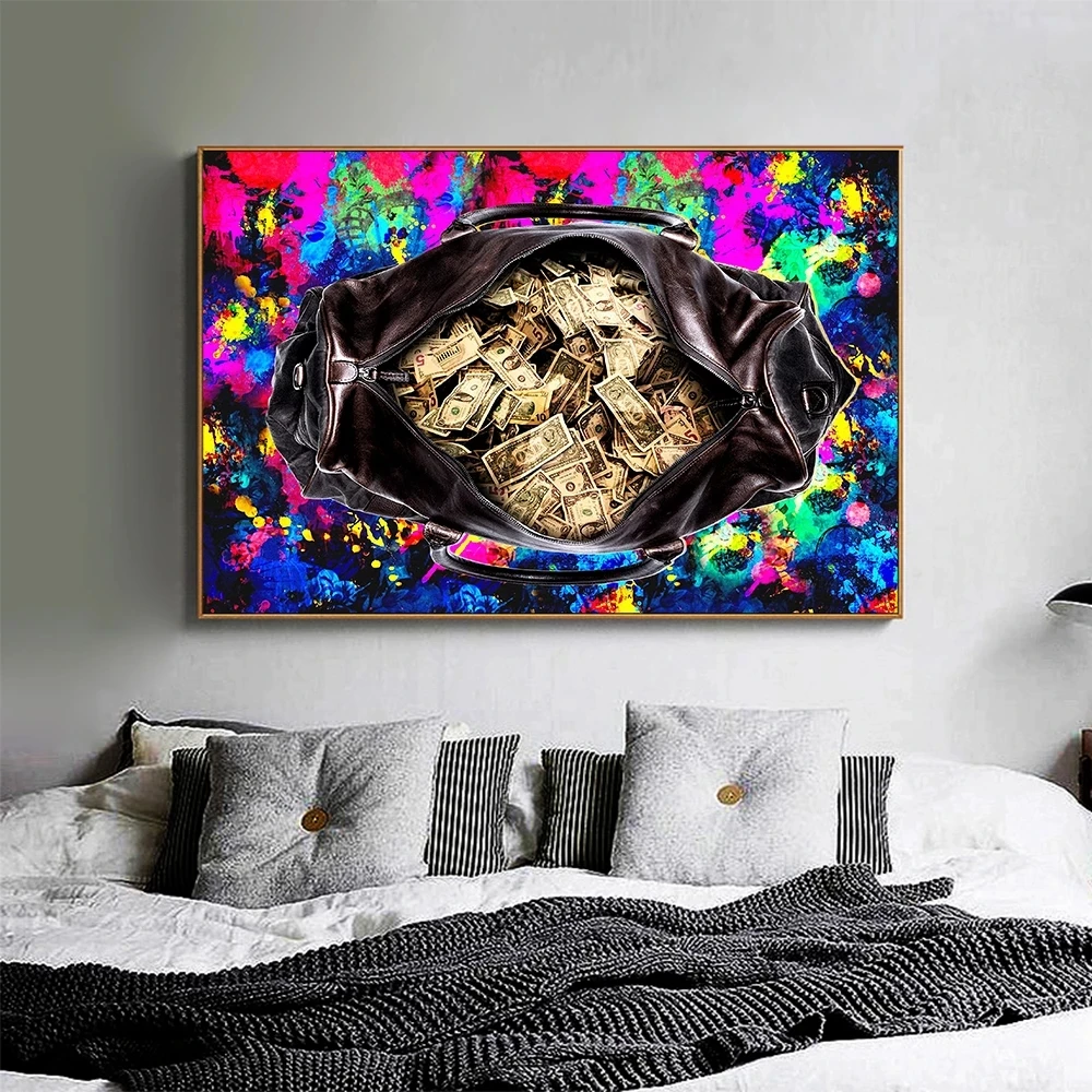 

Hd Kleur Canvas Painting Wall Art Poster Moderne Cultuur Geld Stijl Rood Paars Honderd Geld Tas Print Picture Artwork Home Decor