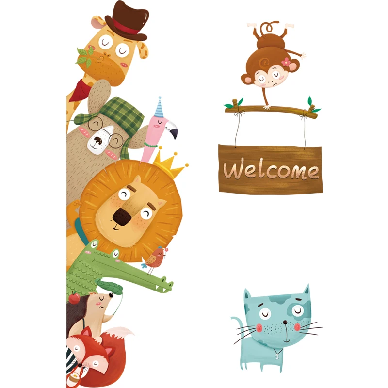

Cartoon Animals Welcome Wall Stickers Living room Bedroom Kids room Door Decor Wallpaper Vinyl Wall Decals Art Home Decoration