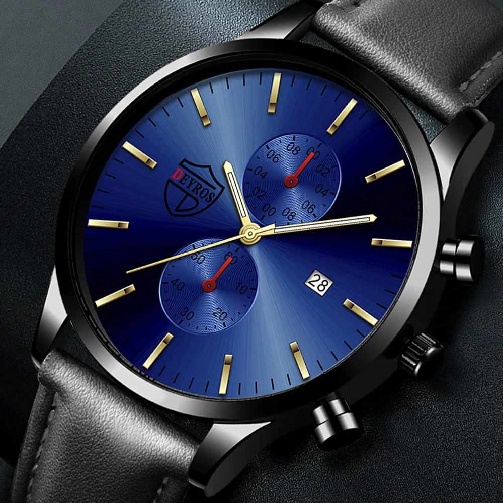 

DEYROS простой модный календарь Мужские часы украшение три глаза светящиеся Спортивные кварцевые мужские наручные часы с кожаным ремешком Reloj Hombre