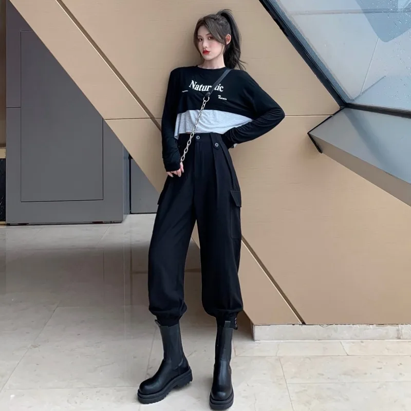

Black Working Wear Ankle Banded Pants Women's 2021 Spring New Harajuku Style High Waist Slimming Loose Casual Pants Cropped