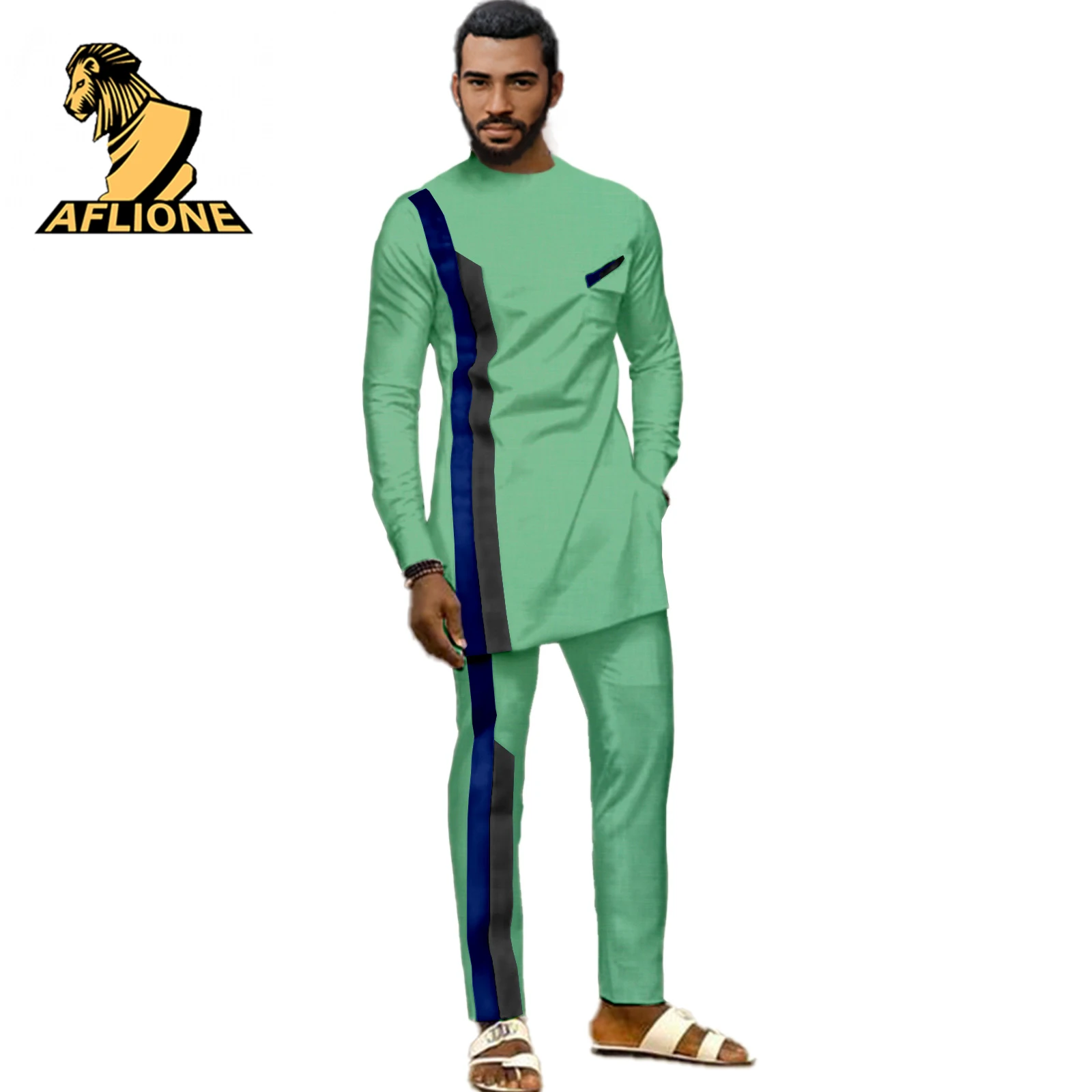 Hippie Clothes African Clothes For Men 2021 Spring Robe Soiree Dashiki Casual Suit Side Vertical Strip Contracted Design 2 Set