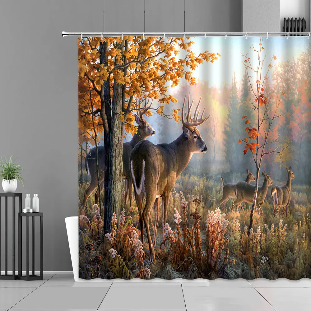 

Green Jungle Plants Animal Deer Shower Curtains Africa Wildlife Landscape Home Decor Bathroom Screen Curtain Waterproof Fabric