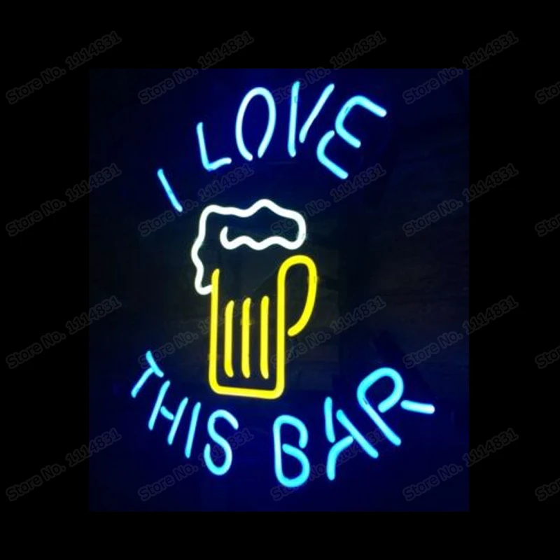 

I LOVE THIS BAR Beer Glass Neon Sign Custom Handmade Real Glass Tube Store KTV Decoration Advertise Display Light Lamp 14"X17"