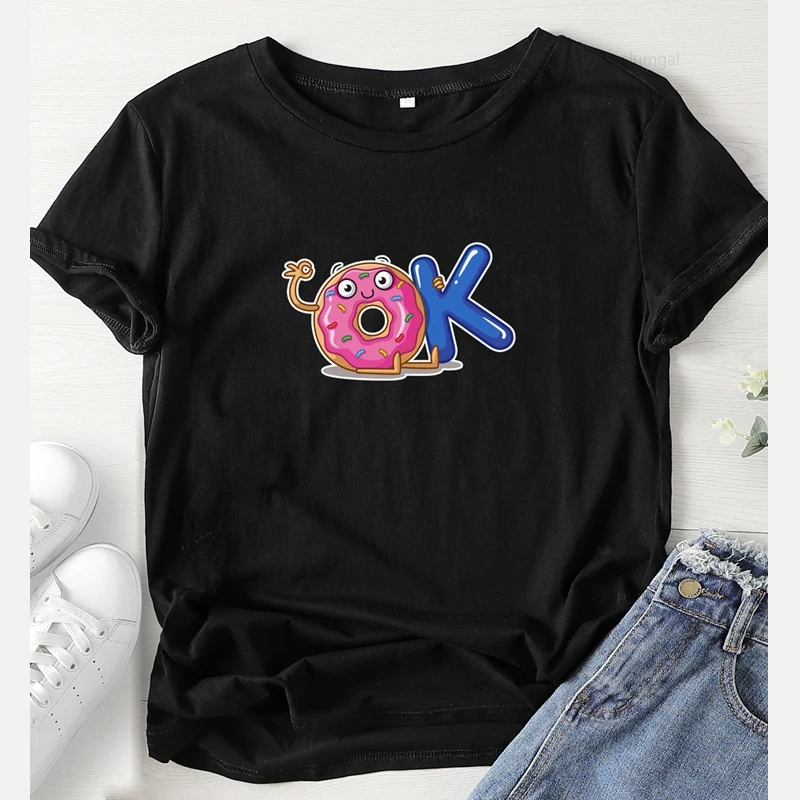 Женская футболка с принтом еда Милая пончики ОК коротким рукавом эстетическая