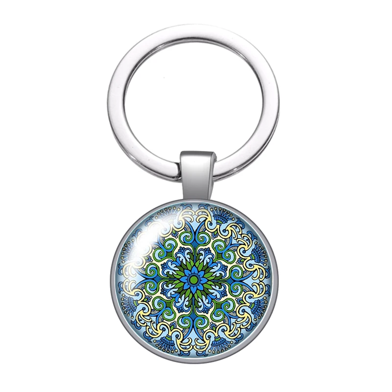 Water blue style flower patterns glass cabochon keychain Bag Car key chain Ring Holder silver color keychains for Women Gifts | Украшения и