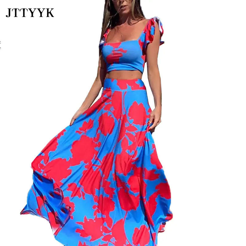

Summer 2 Piece Set Women Printed Boho Sexy Beach Dresses Set Crop Top + High Waist Long Skirt Set Plus Size Maxi Matching Sets