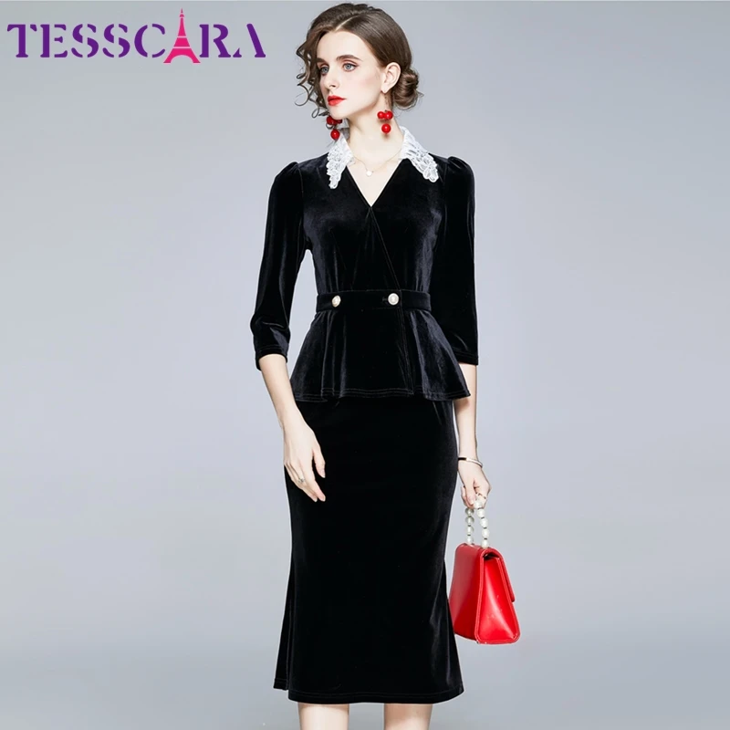 TESSCARA Women Autumn Winter Elegant Velvet Dress Suit Set High Quality Vintage Office Party Robe Femme Designer Black Vestidos | Женская