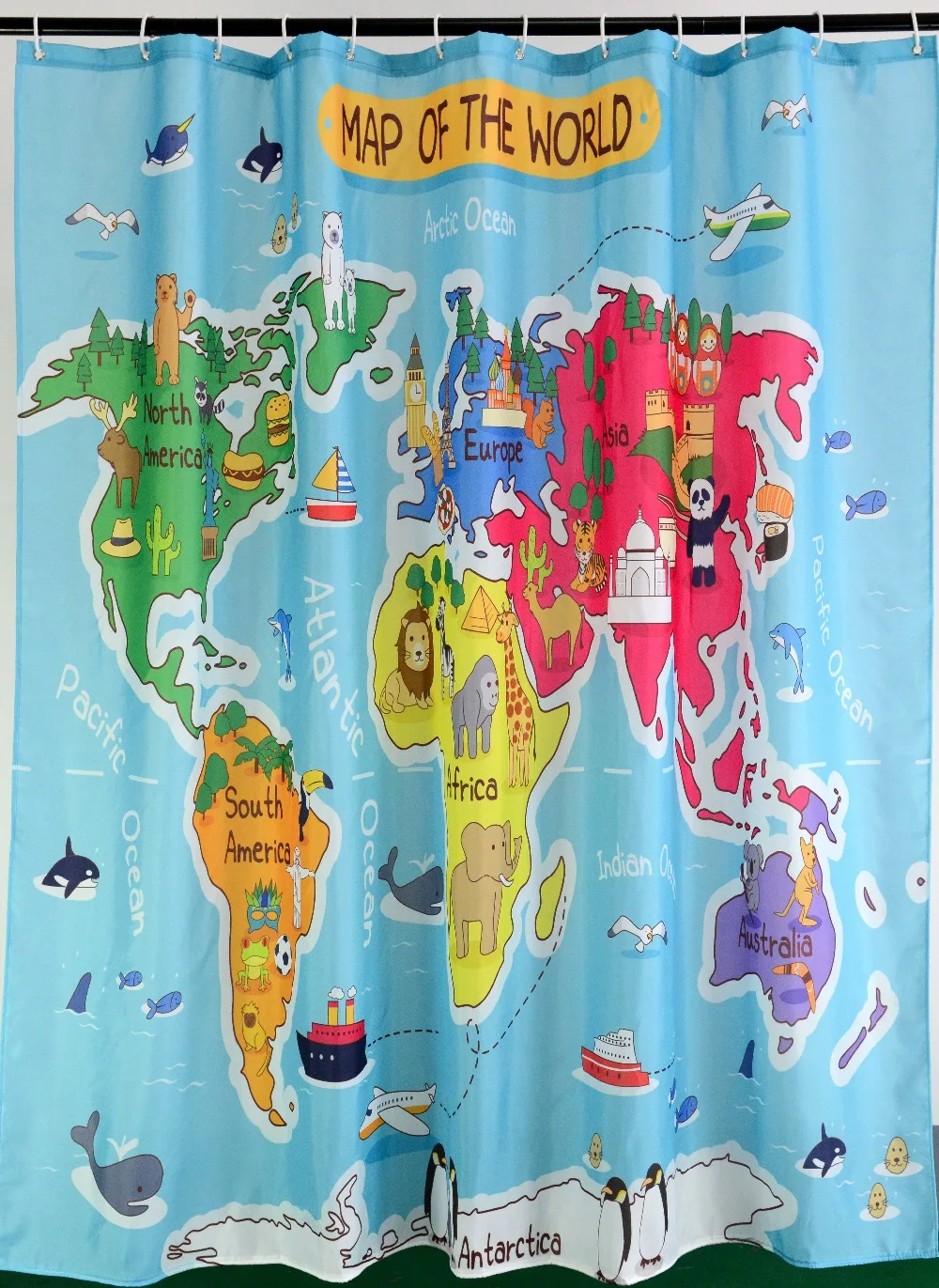 Водонепроницаемая занавеска для душа QIYI с мультяшным принтом карты мира