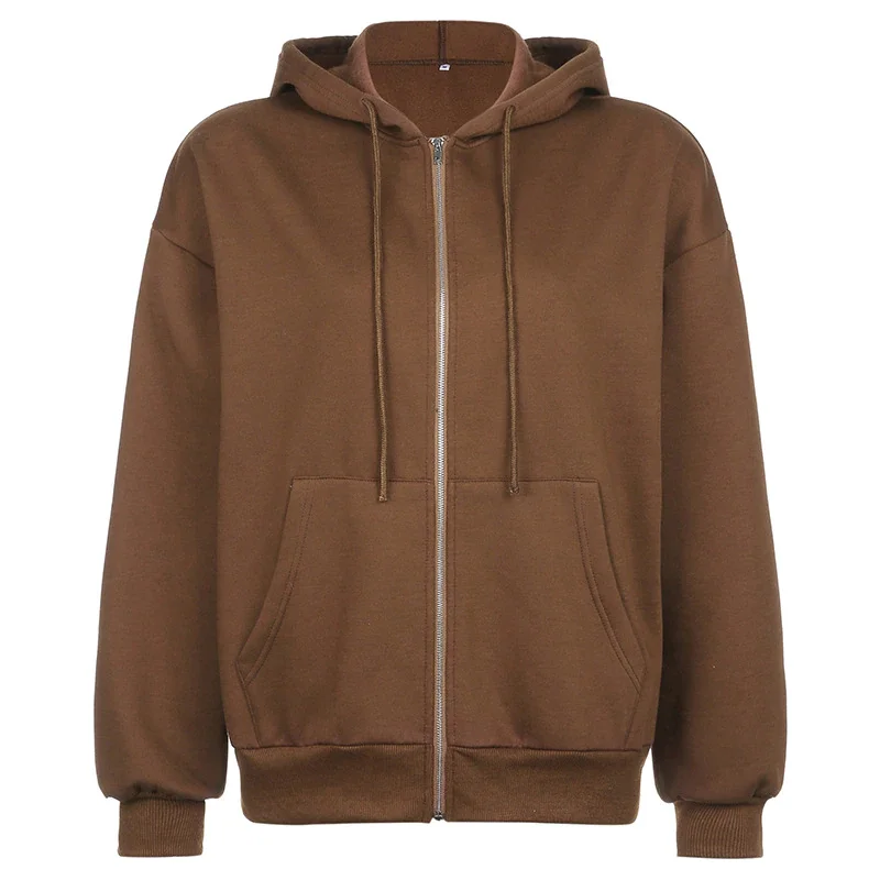 

Brown Zip Up Sweatshirt Winter Jacket Clothes Oversize Hoodies Women Plus Size Long Sleeve Vintage Pockets Pullovers