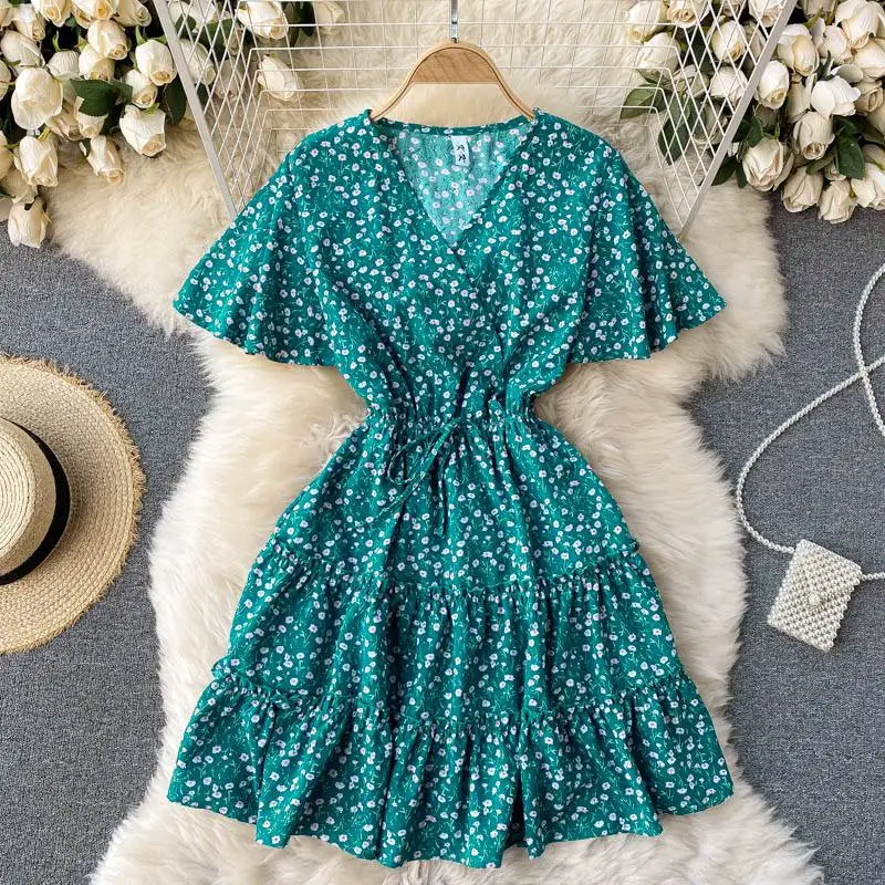 

Women's Short Ruffle Sleeve Dress V Neck Floral Pleated High Waist Loose Mini Dress Beach Dress