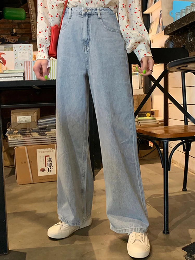 Осенние джинсы с высокой талией широкие синие винтажные прямые в стиле Харадзюку