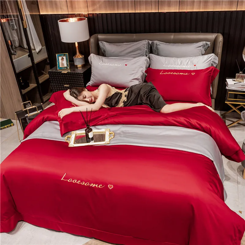 

High-end quality bedding set Egyptian cotton embroidered satin light luxury quilt cover duvet cover bed sheet pillowcases