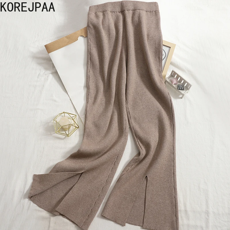 

Korejpaa Casual Knitted Women Pants 2021 Autumn New Korea Fashion Female High Elastic Waist Solid Color Split Boot Cut Clothes