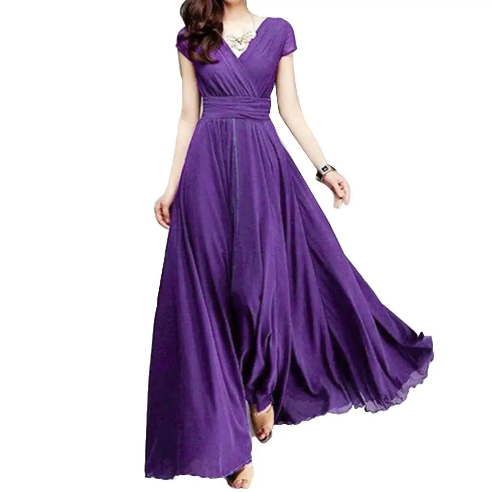 

Bohemian Women Solid Color Short Sleeve V Neck Tight Waist Maxi Evening Dress