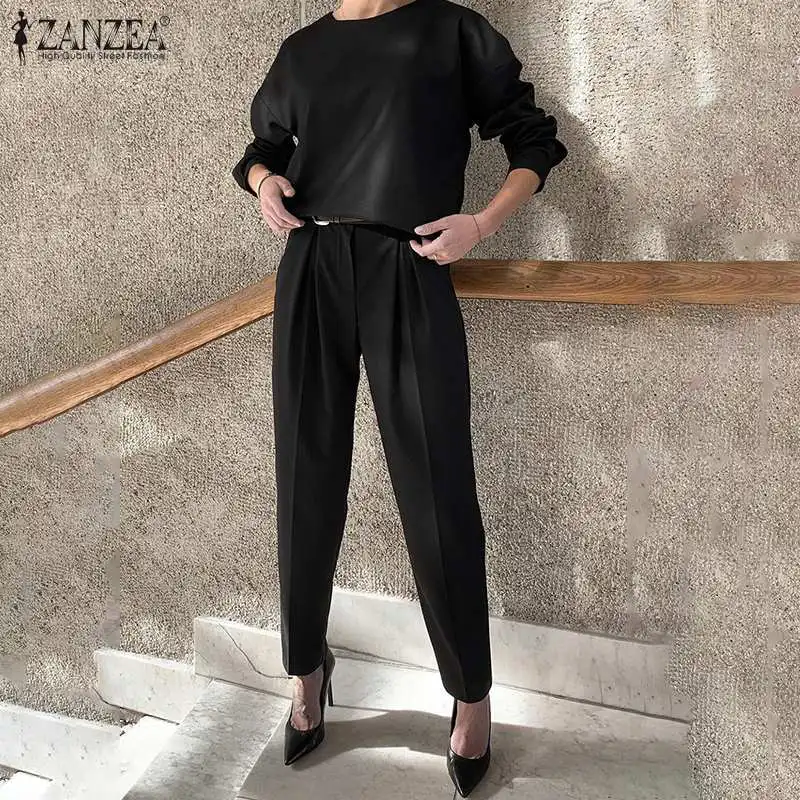 

Комплект ZANZEA женский офисный из 2 предметов, повседневный элегантный однотонный брючный комплект с круглым вырезом, Топ с длинным рукавом н...