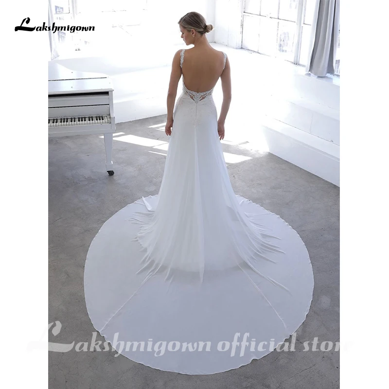 

Sleeveless/Backless A-Line Wedding Dresses Court Train V-Neck Soft Satin Country Plus Size with Lace Insert Appliques gelinlik