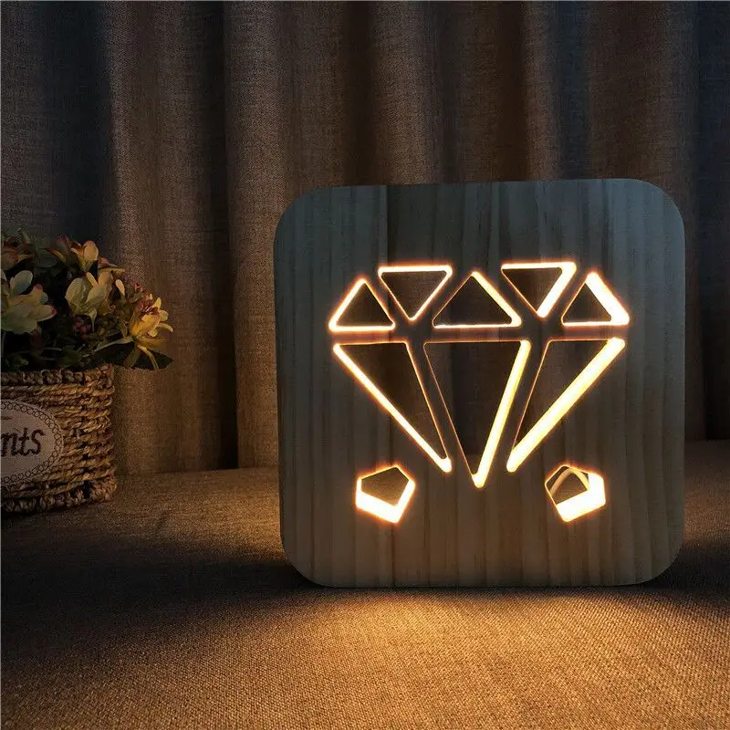 Solid Wood Carved Diamond Pattern Wooden Table Lamp Children's Room Night Light Gift Art Deco Bedside Lamp Home Deco