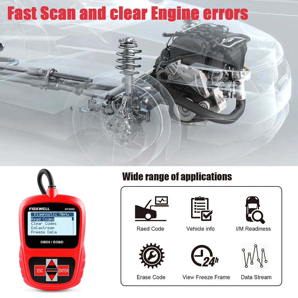 FOXWELL NT200C OBD2 OBDII Автомобильный сканер считыватель кодов двигателя Датчик