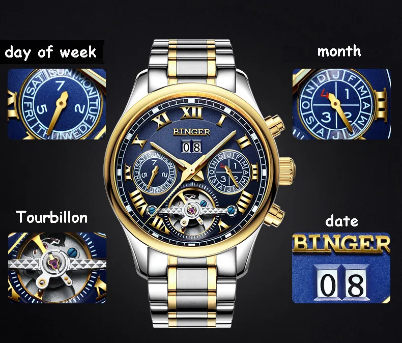 Швейцарские Бингер мужские часы люксовый бренд Tourbillon сапфир светящиеся несколько функций механические наручные часы B8602-7
