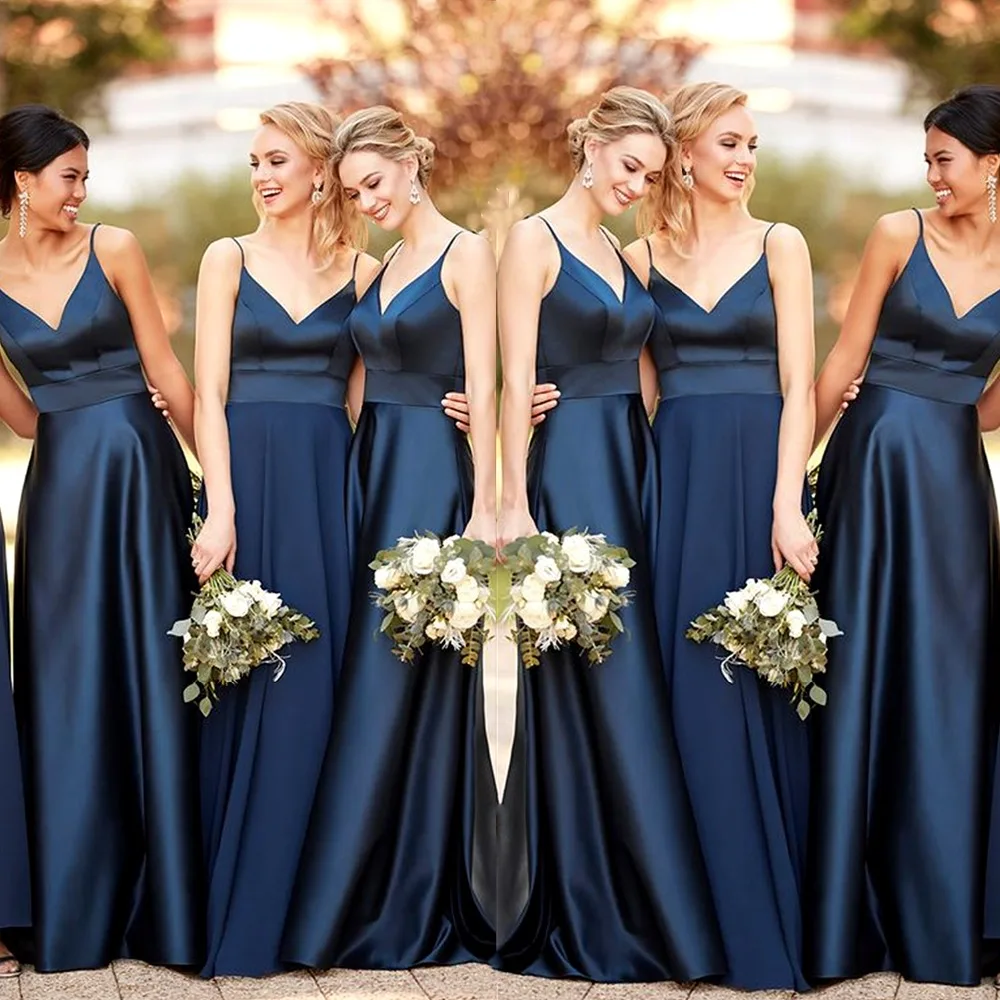 

Темно-синие платья для подружек невесты, длинное атласное ТРАПЕЦИЕВИДНОЕ свадебное платье на бретелях-спагетти для группы подружек невест...
