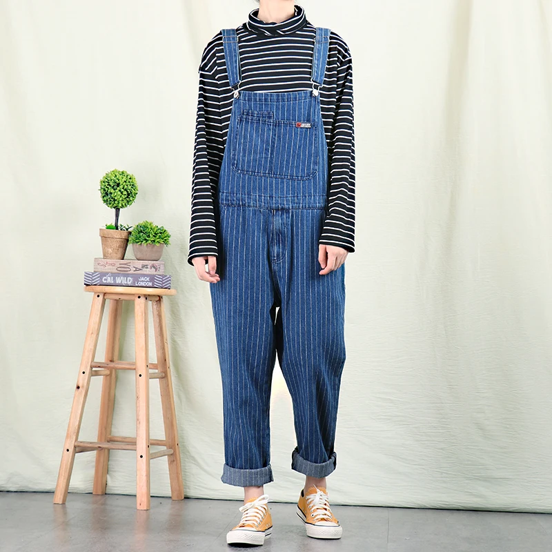 

Мужской джинсовый комбинезон в японском ретро-стиле в полоску, мужской прямой свободный комбинезон, подтяжки, Корейская версия комбинезонов