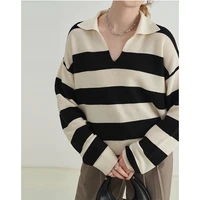 polo collar stripe panelled knitted sweater autumn winter cardigan for women tops loose casual pullover sweaters