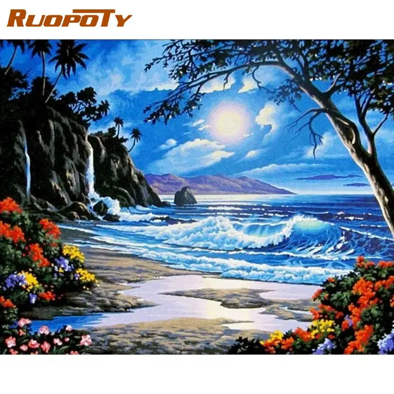 

RUOPOTY 60x75 см рамка краска по номерам для взрослых рисунок морской пейзаж с Луной Акриловая Краска на холсте домашние декорации
